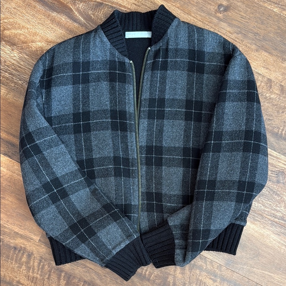 Vince Black and Gray Plaid Bomber Jacket